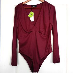 Cider Ribbed V Neck Babydoll Bodysuit Burgundy Red 0XL Elena Gilbert